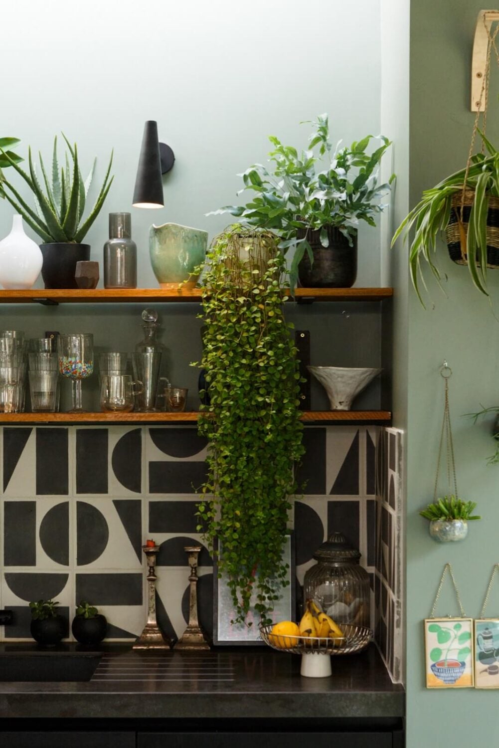 A Colorful Maximalist Home in London 10 kitchen-open-shelves-black-white-tiles-nordroom