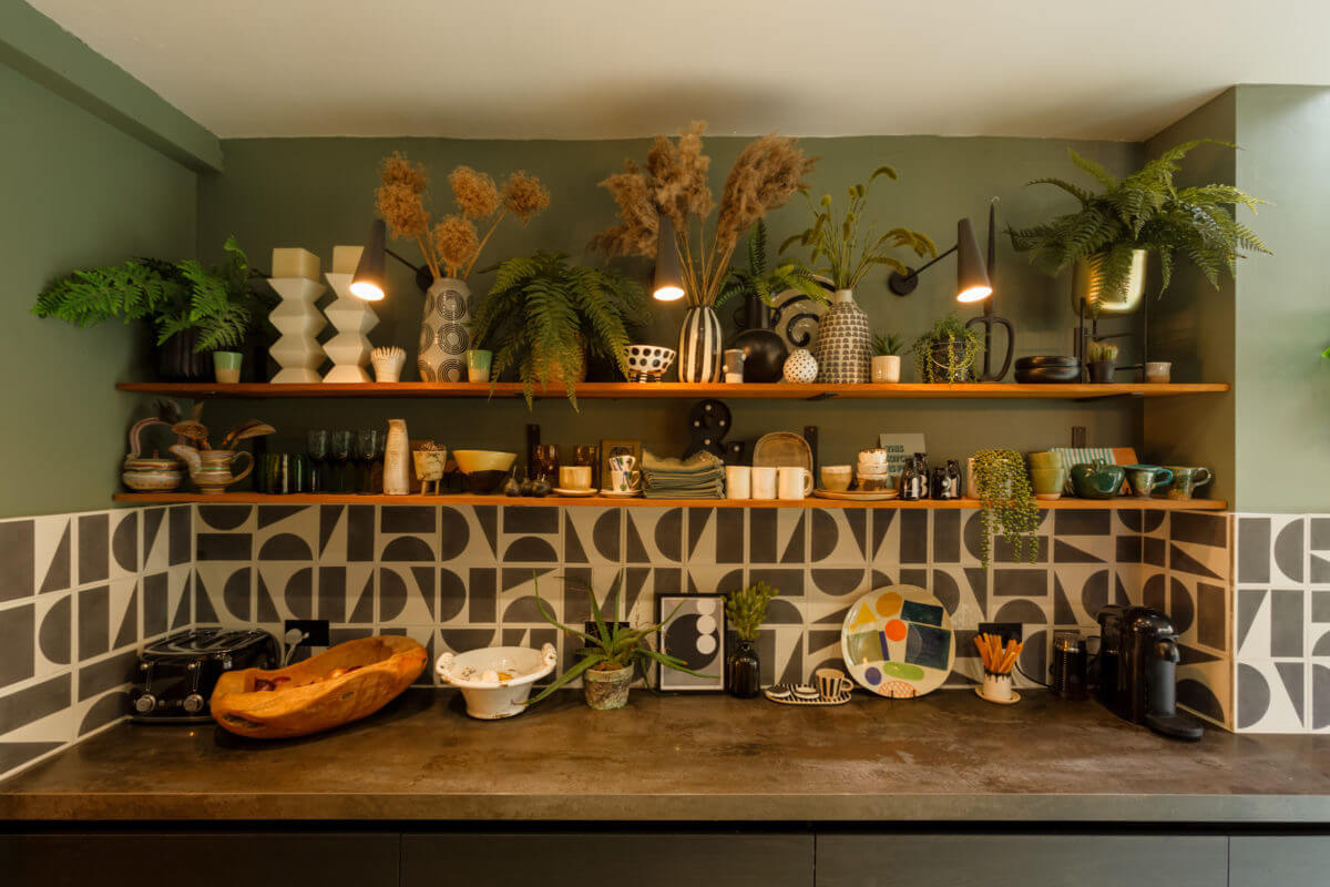 A Colorful Maximalist Home in London 11 kitchen-open-shelves-black-white-tiles-plants-nordroom