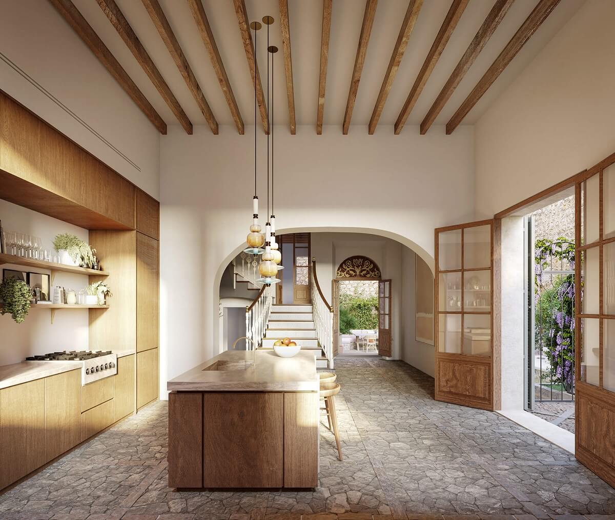 A Townhouse on Mallorca Combines Historic Charm and Modern Design 2 kitchen-wood-exposed-wooden-beams-stone-floor-kitchen-island-townhouse-mallorca-nordroom