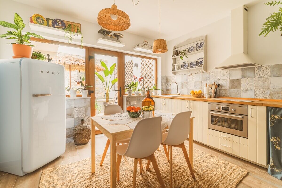 A Serene Airbnb Home with Patio in Lagos, Portugal 6 light-kitchen-dining-table-smeg-fridge-airbnb-lagos-portugal-nordroom