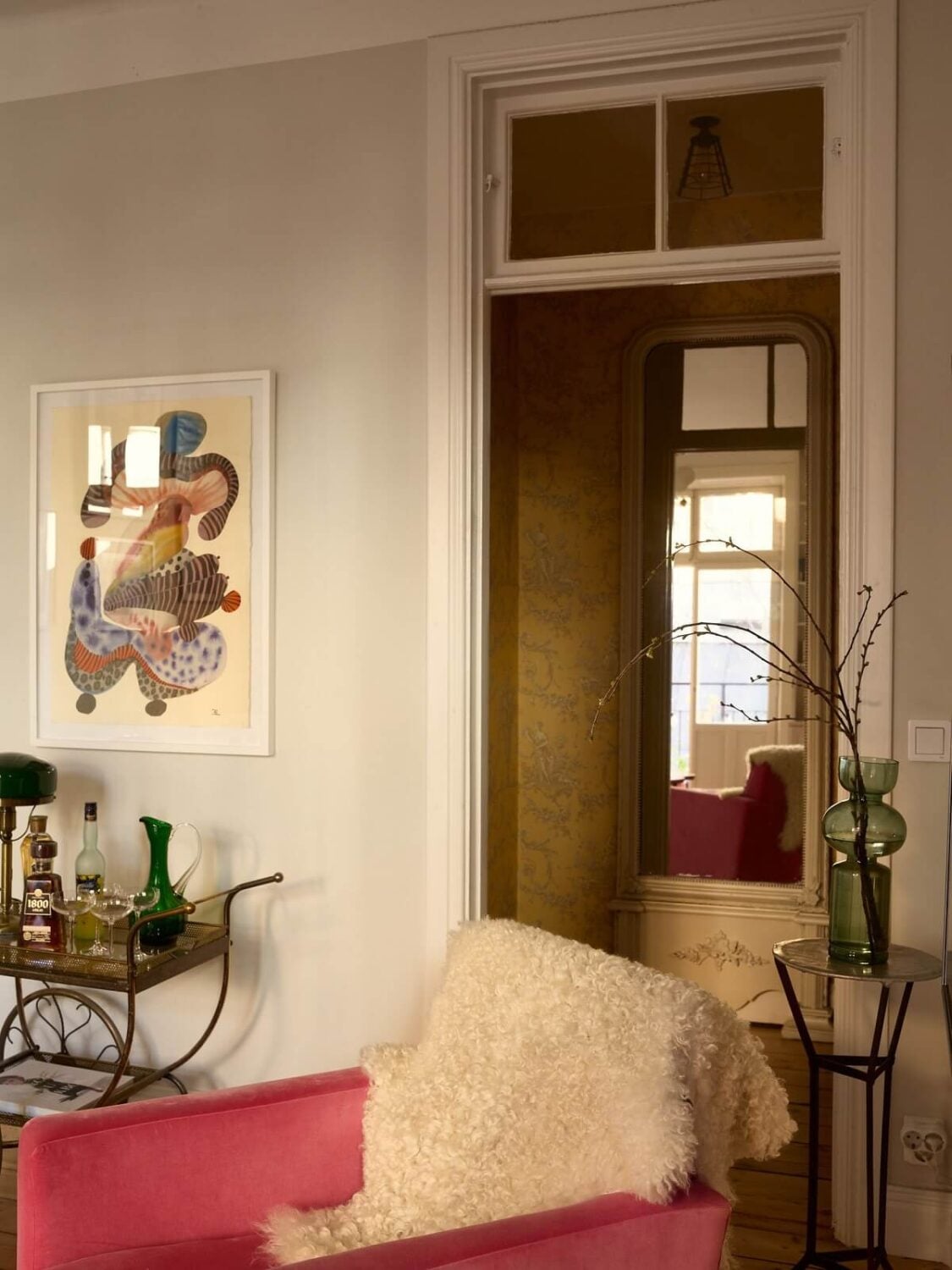 A Bedroom with Yellow French Wallpaper in a Small Scandi Home 5 living-room-pink-velvet-armchair