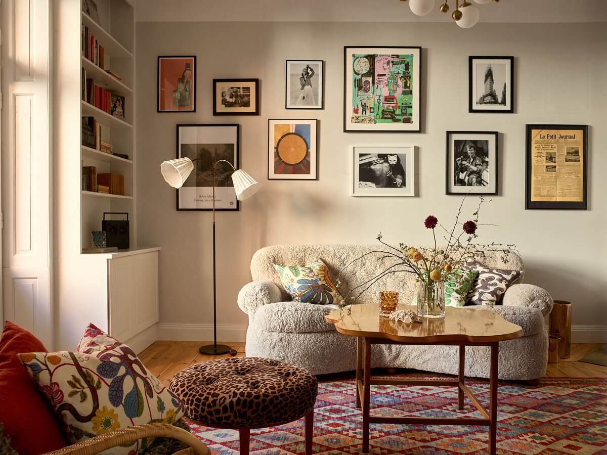 A Bedroom with Yellow French Wallpaper in a Small Scandi Home 2 living-room-rounded-sofa-gallery-wall-nordroom