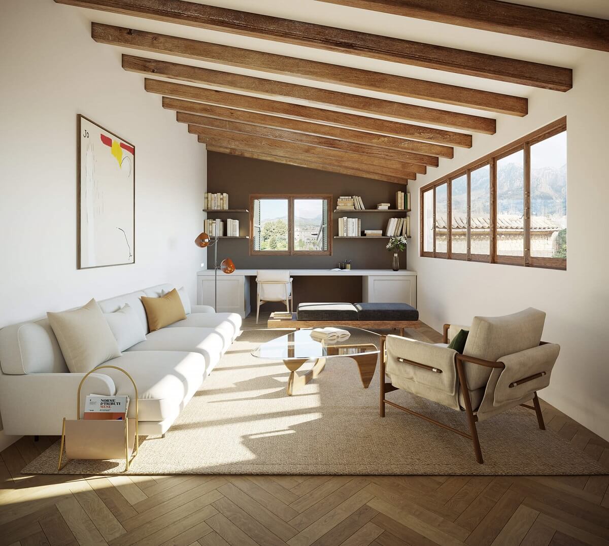 A Townhouse on Mallorca Combines Historic Charm and Modern Design 5 entrance-hallway-stone-floor-exposed-wooden-beams-staircase-kitchen-historic-townhouse-mallorca-berrow-projects-nordroom