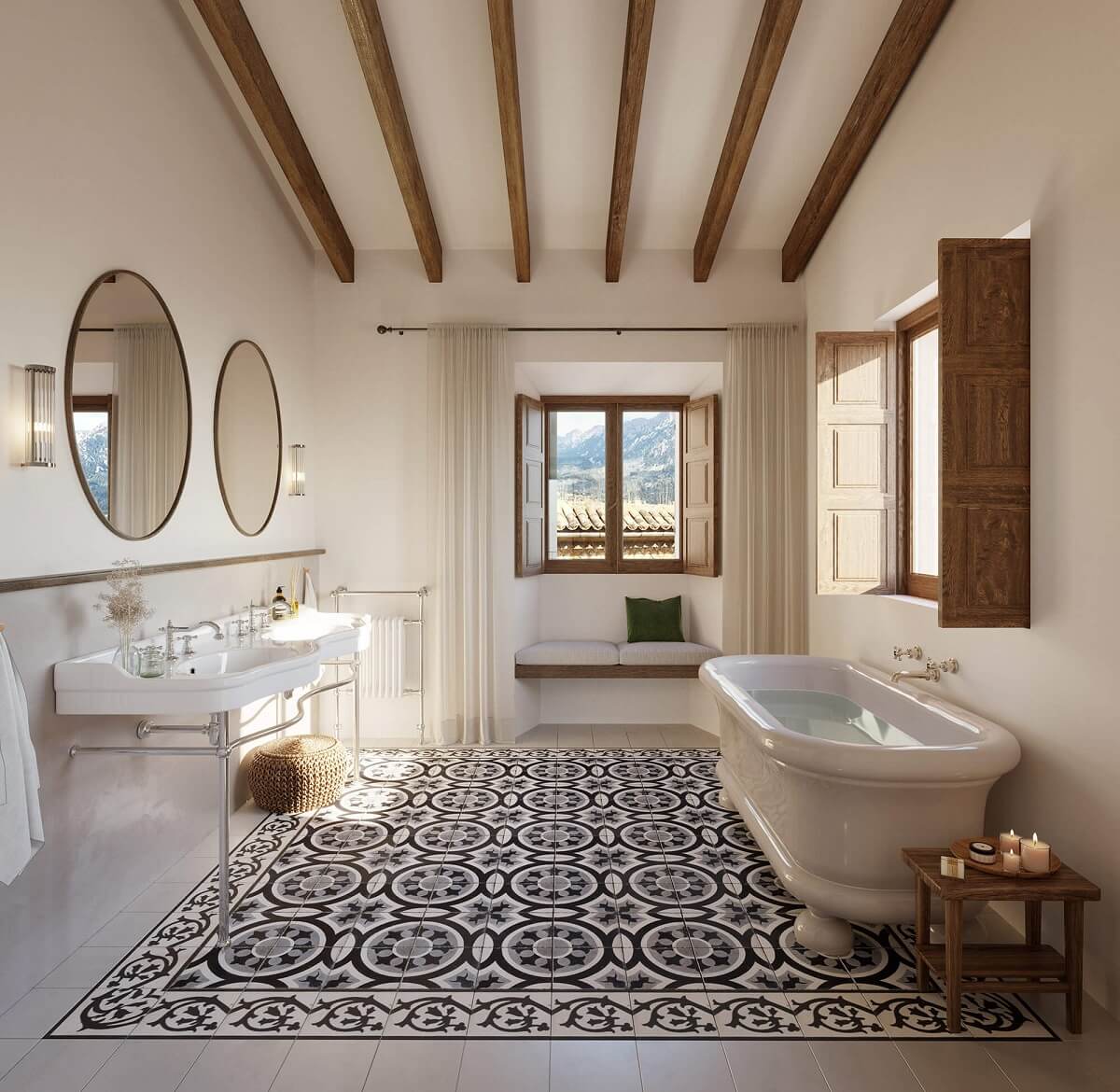 A Townhouse on Mallorca Combines Historic Charm and Modern Design 7 master-bathoom-exposed-beams-freestanding-bath-floor-tiles-round-mirrors-townhouse-nordroom