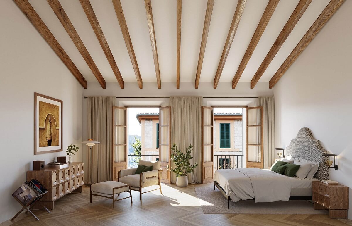 A Townhouse on Mallorca Combines Historic Charm and Modern Design 6 master-bedroom-sloped-ceiling-exposed-wooden-beams-nordroom