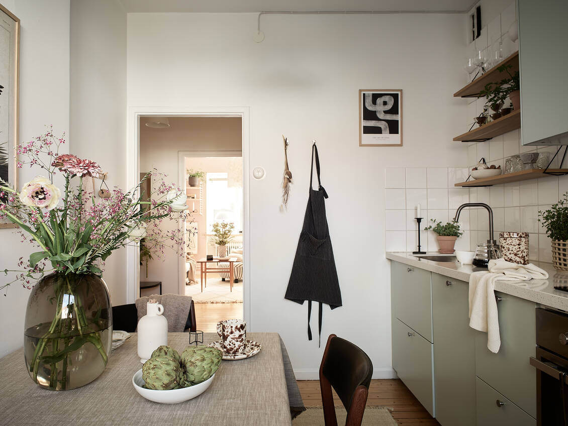 A Pink Studio Apartment with Green Bathroom 12 nordic-kitchen-light-open-shelves-nordroom