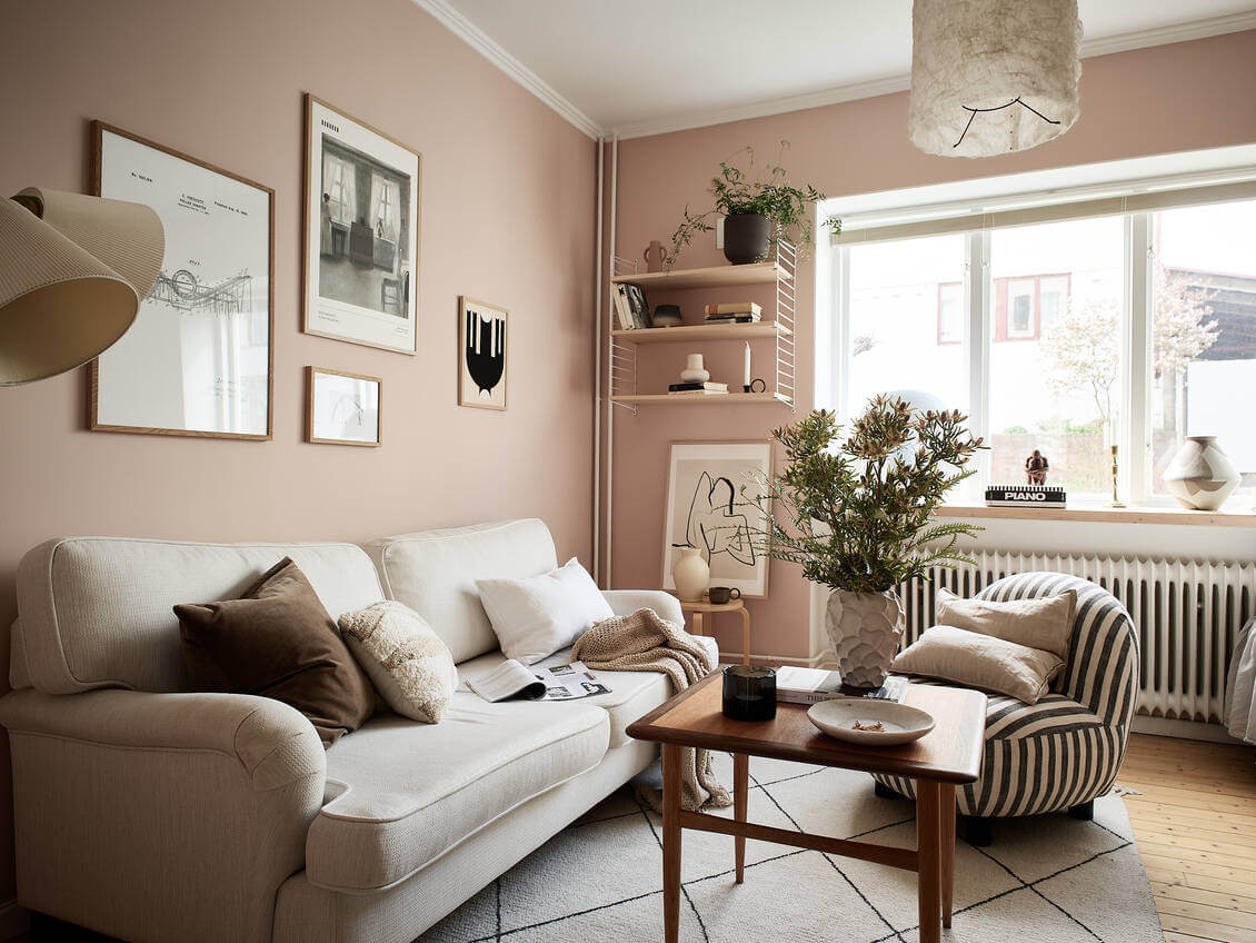 A Pink Studio Apartment with Green Bathroom 3 nordic-studio-apartment-pink-walls-striped-chair-nordrom