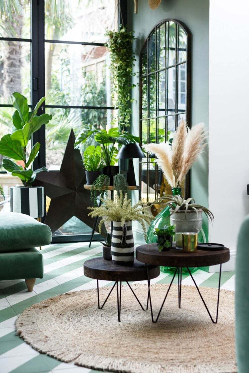 A Colorful Maximalist Home in London 15 plant-filled-green-sitting-room-floor-tiles-nordroom
