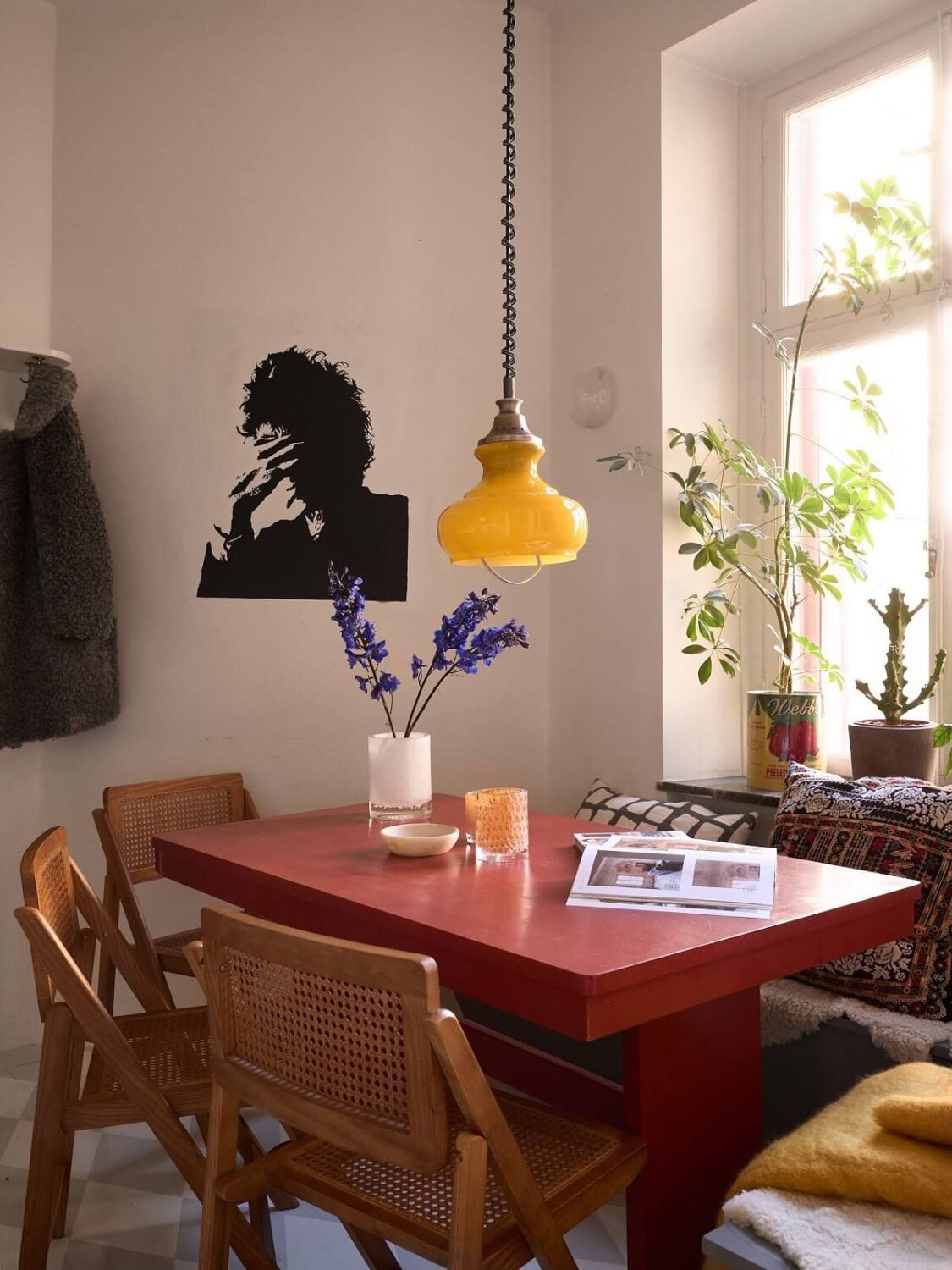 A Bedroom with Yellow French Wallpaper in a Small Scandi Home 9 red-dining-table-yellow-lamp-nordroom