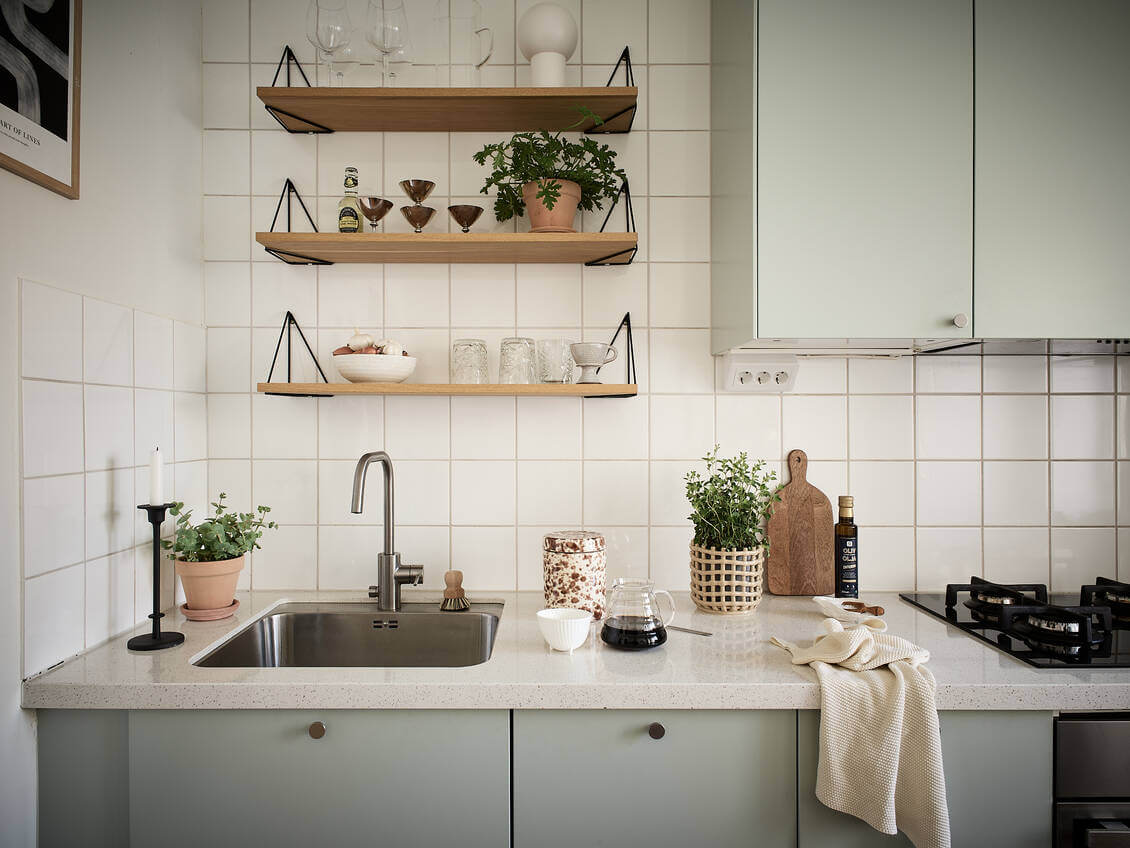 A Pink Studio Apartment with Green Bathroom 10 scandinavian-kitchen-open-shelves-nordroom