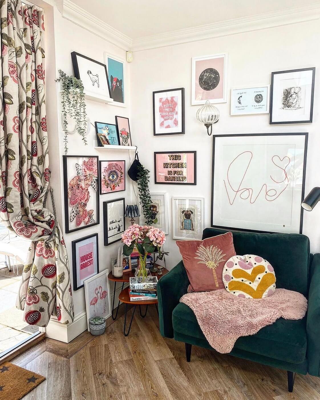 A Wonderful Eclectic Maximalist Home in England 19 sitting-nook-green-armchair-gallery-wall-nordroom
