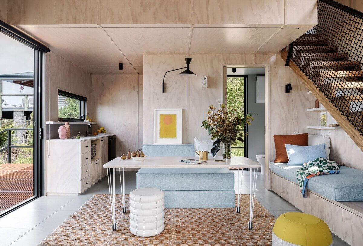 A Small Modern Seaside Retreat in Australia 2 sitting-room-kitchen-plywood-tiny-house-airbnb-australia