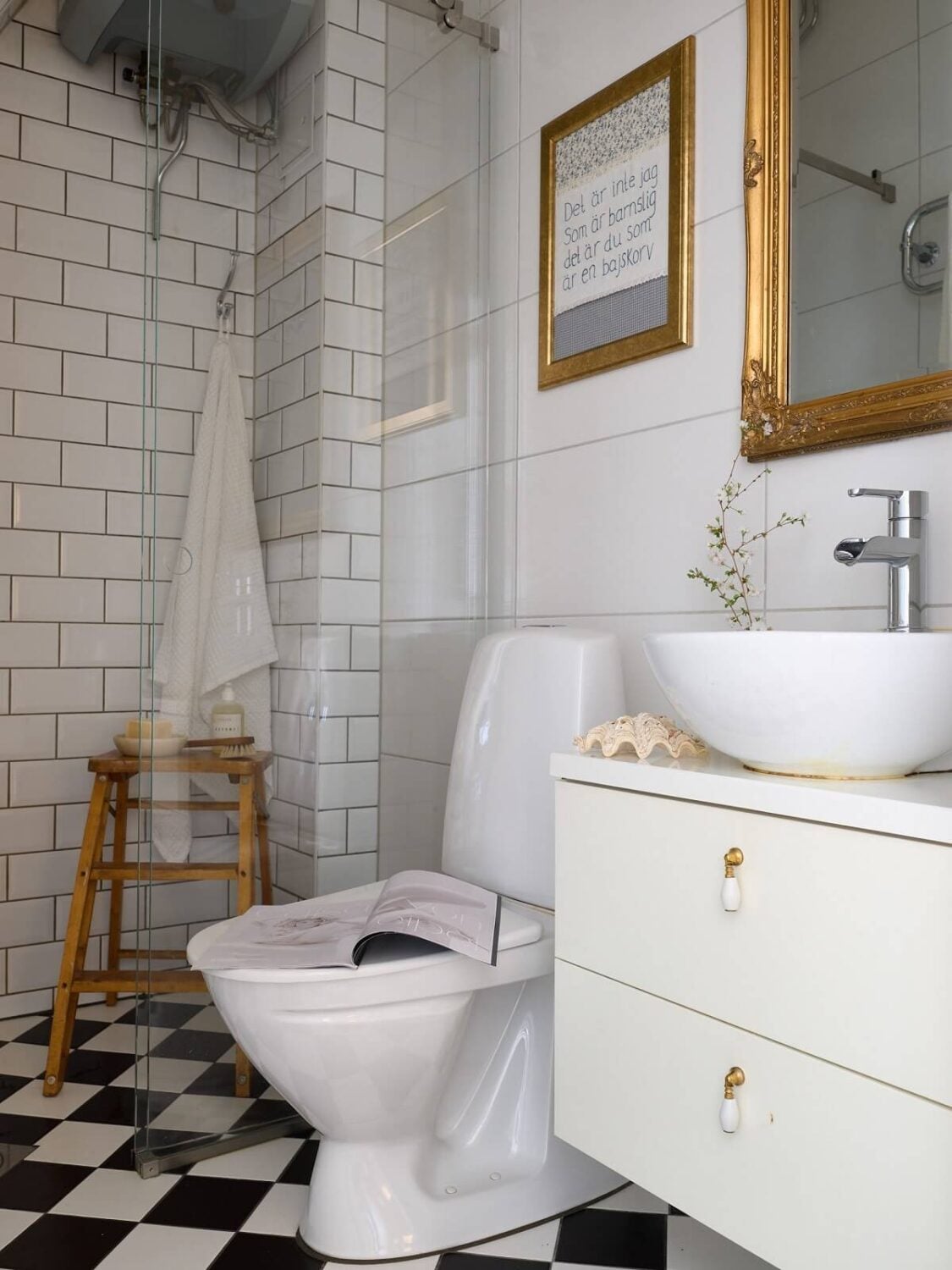 A Bedroom with Yellow French Wallpaper in a Small Scandi Home 16 small-bathroom-checkerboard-floor-nordroom