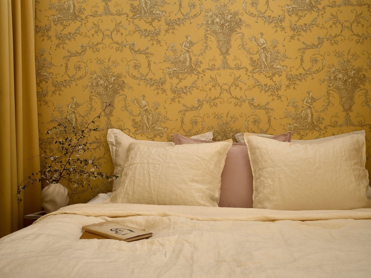 A Bedroom with Yellow French Wallpaper in a Small Scandi Home 12 small-bedroom-French-wallpaper-nordroom