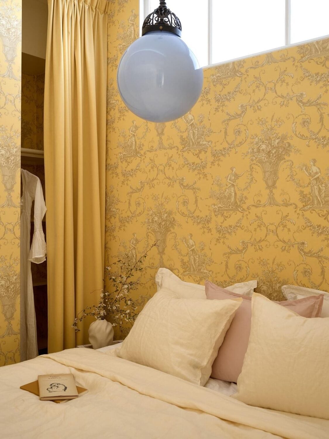 A Bedroom with Yellow French Wallpaper in a Small Scandi Home 13 small-bedroom-French-yellow-wallpaper-walk-in-closet-nordroom