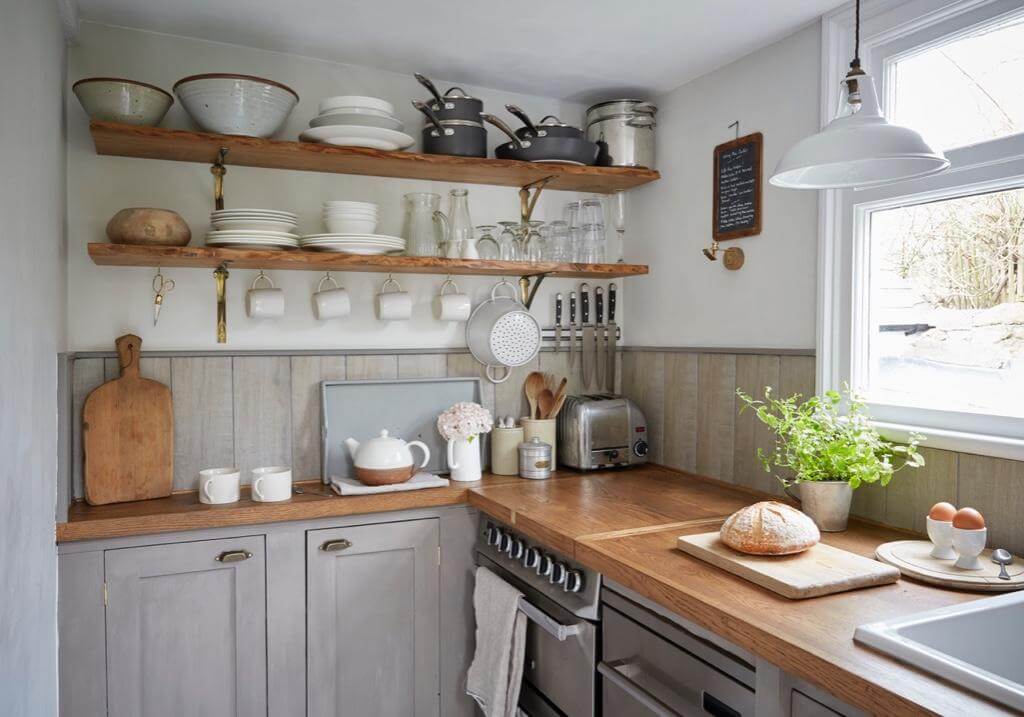 A Beautiful Seaside Cottage in Cornwall 14 small-cottage-kitchen-open-shelves-gray-cabinets-nordroom