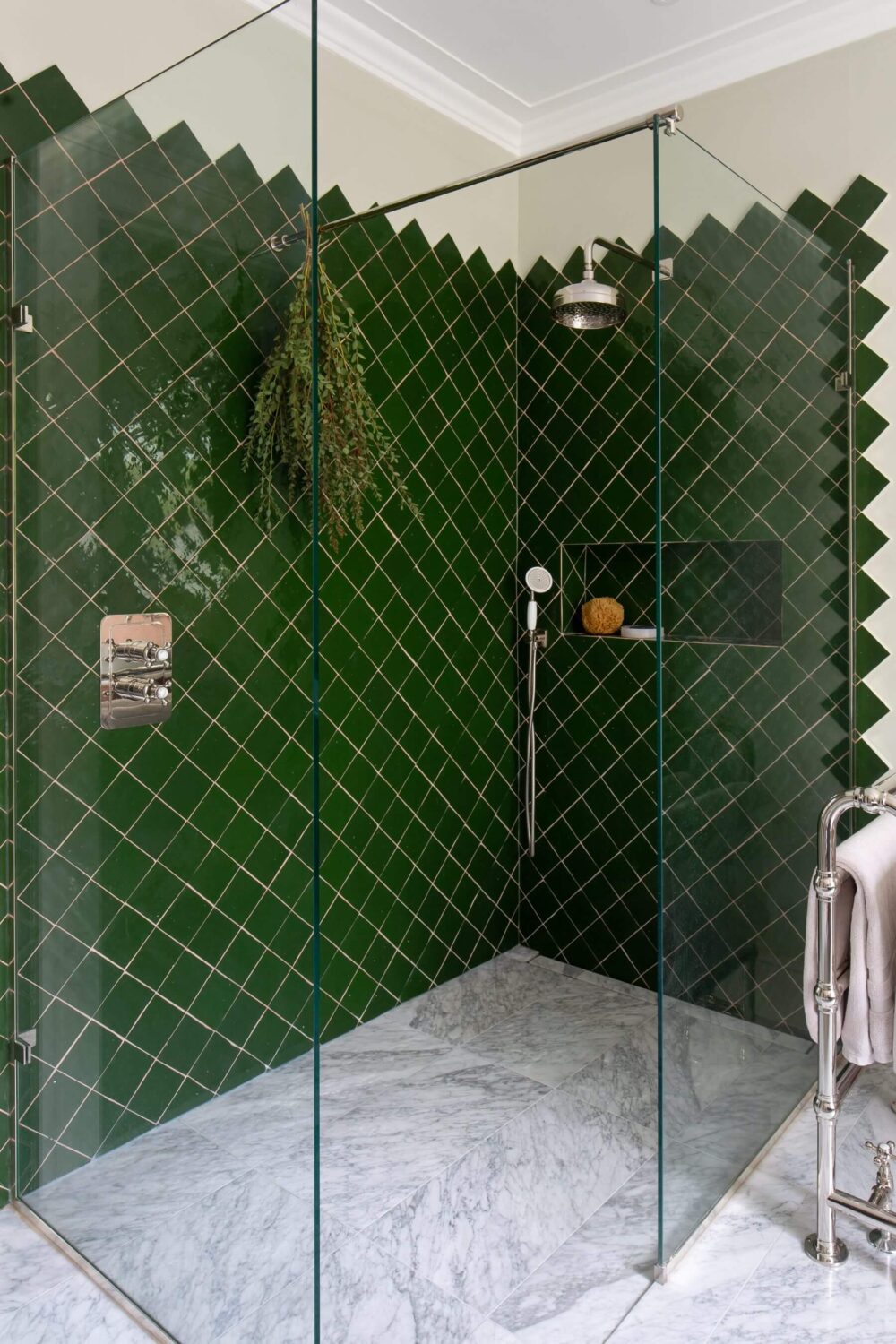A Colorful Georgian Home in London 9 walk-in-shower-green-tiles-nordroom