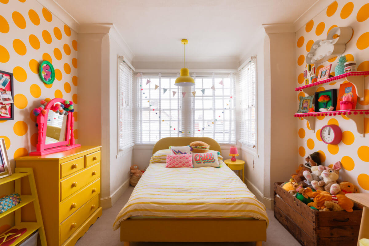 A Colorful Maximalist Home in London 33 yellow-kids-bedroom-bay-window-maximalist-eclectic-home-london-nordroom
