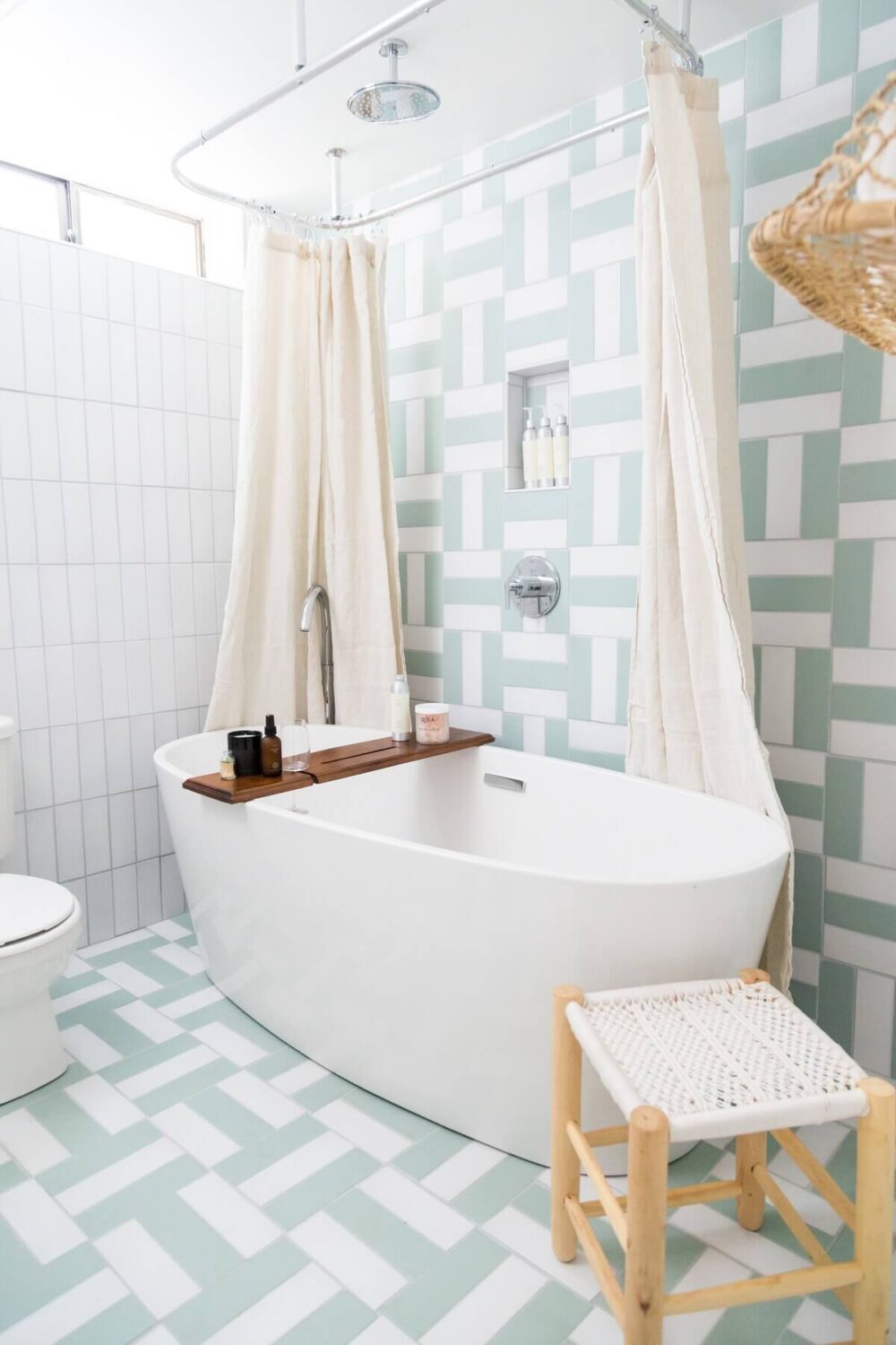The Kitchy Cabin: A Lovely Airbnb Home in California 15 bathroom-light-blue-tiles-modern-freestanding-bath-nordroom