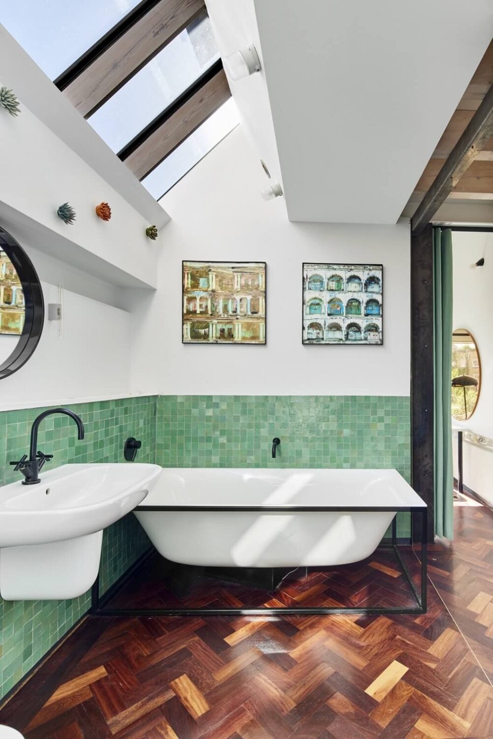 The Makers House: A Modern Achitectural Home in London 17 bathroom-reclaimed-mahogany-parquet-floor-green-tiles-bath-tub-skylights-nordroom