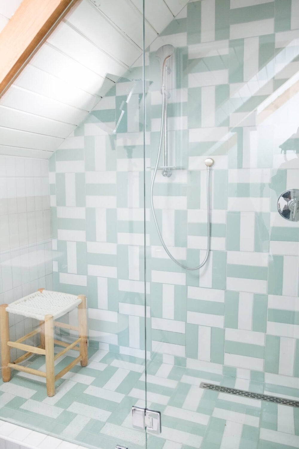 The Kitchy Cabin: A Lovely Airbnb Home in California 16 bathroom-shower-sloped-ceiling-light-blue-tiles-nordroom
