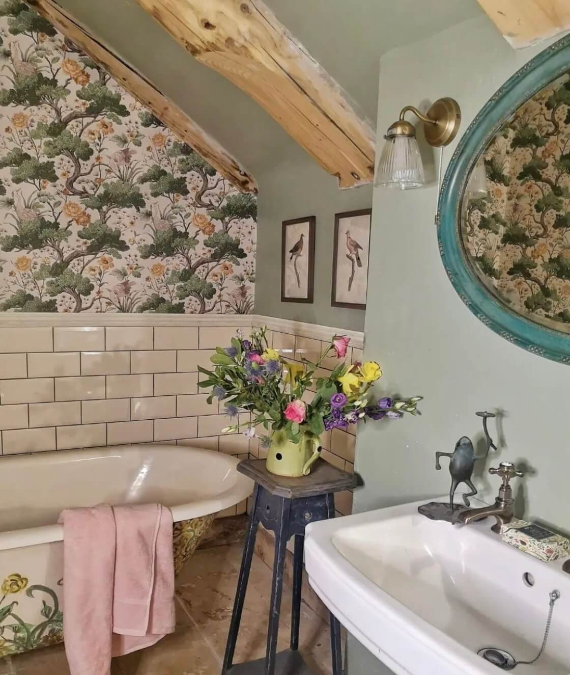 50 Bathroom Wallpaper Ideas Adding Color, Style, and Expression 39 bathroom-sloped-ceiling-exposed-beams-floral-wallpaper-nordroom