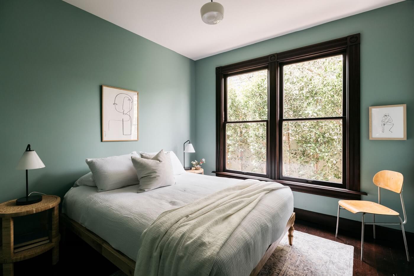 A Carefully Restored Victorian House in Los Angeles 15 bedroom-blue-green-wall-color-nordroom