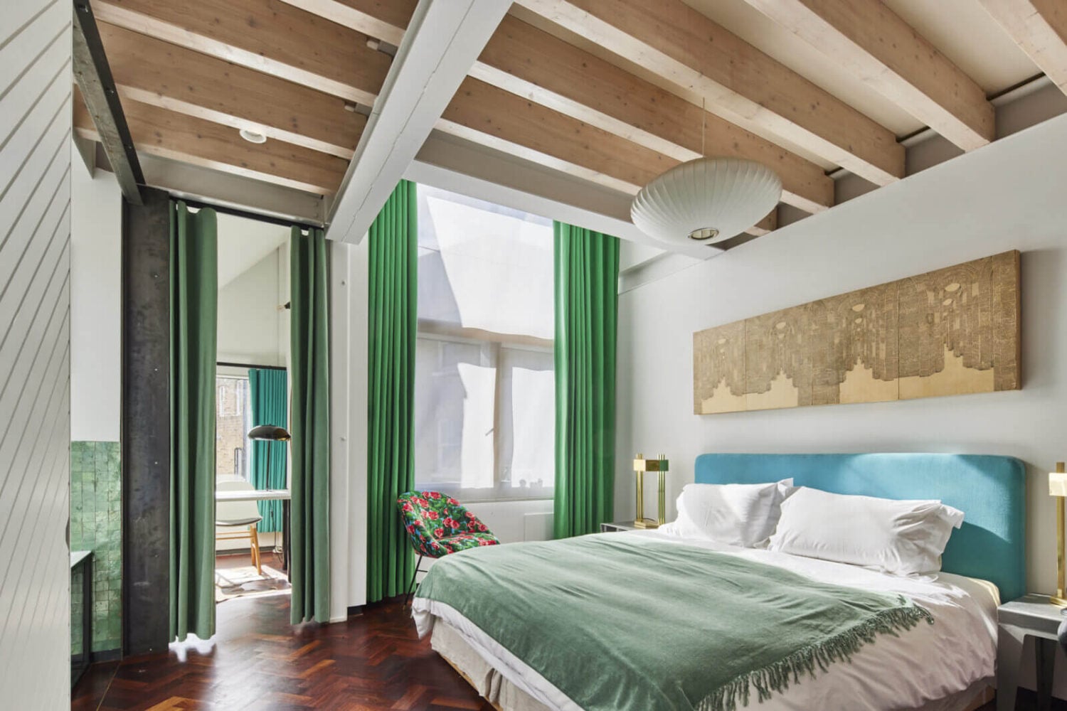 The Makers House: A Modern Achitectural Home in London 15 bedroom-green-accents-wooden-ceiling-mahogany-parquet-floor-nordroom