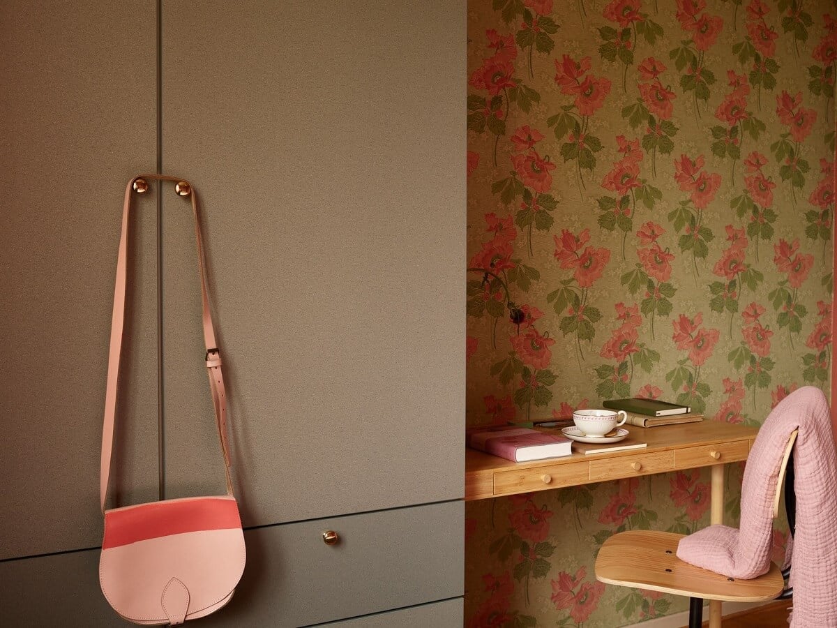 Midcentury Furniture in a Pink and Green Home 20 bedroom wardrobe home office floral wallpaper nordroom Midcentury Furniture in a Pink and Green Home