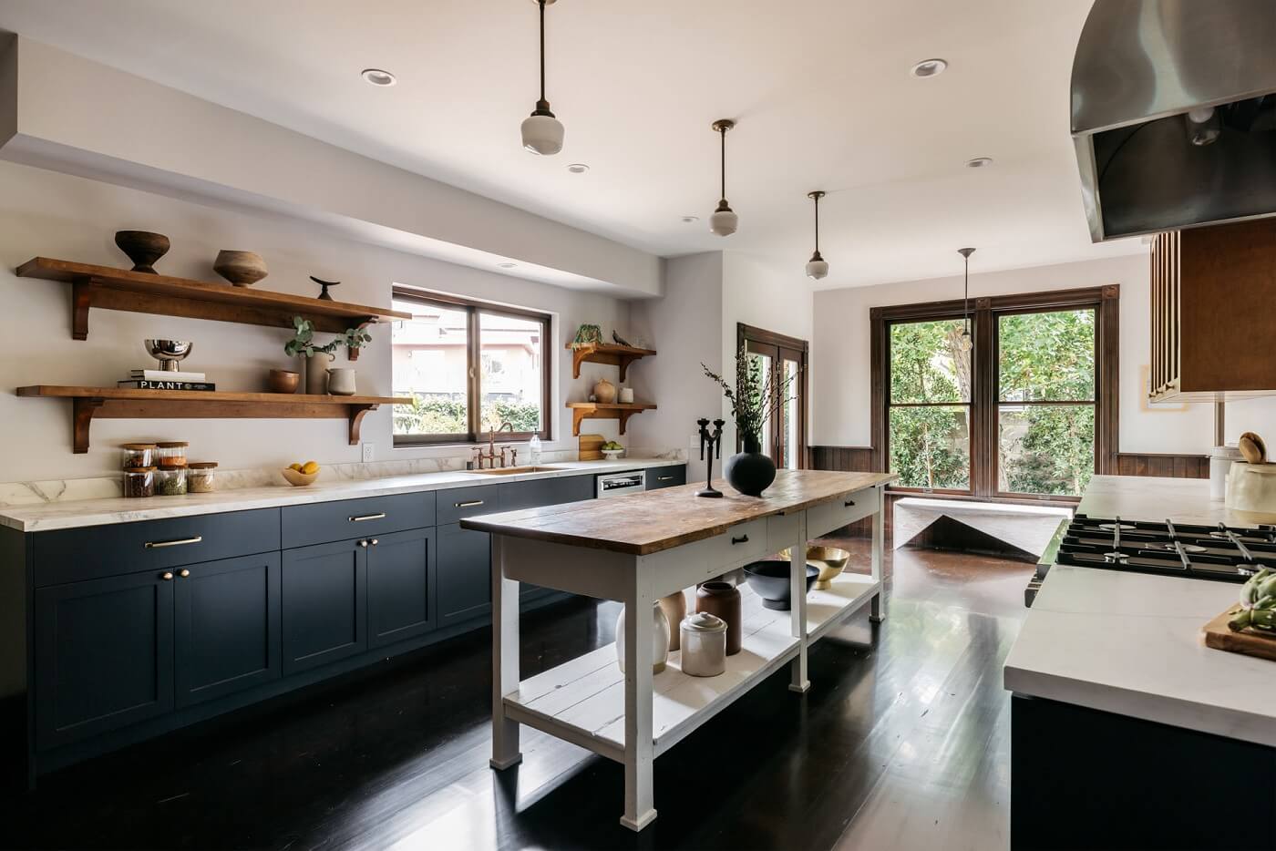 A Carefully Restored Victorian House in Los Angeles 2 blue-cabinets-open-shelves-galley-kitchen-nordroom
