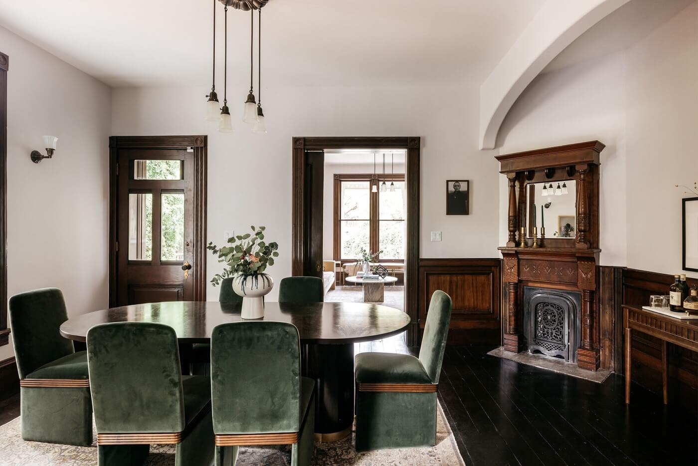 A Carefully Restored Victorian House in Los Angeles 10 dining-room-historic-features-green-velvet-dining-chairs-nordroom