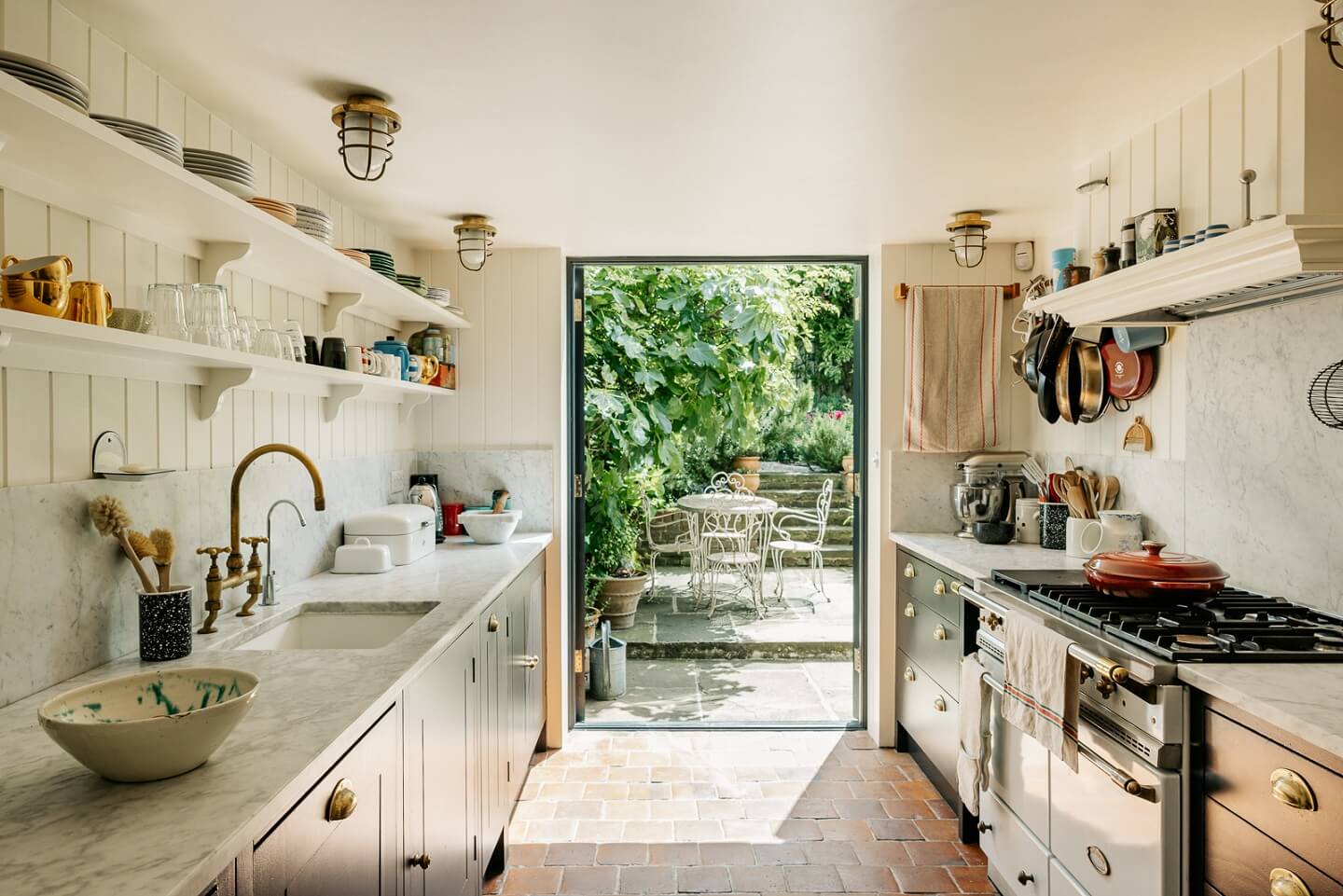 A Carefully Restored Victorian House in London 11 galley-kitchen-basement-garden-open-shelves-nordroom