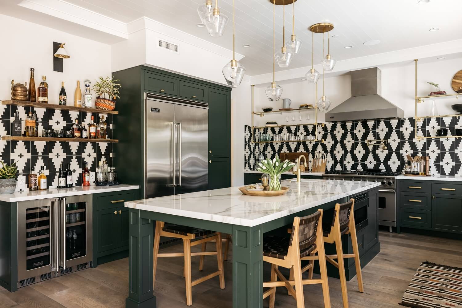 The Los Angeles Home of Emmy Raver-Lampman and Daveed Diggs 3 green-kitchen-cabinets-black-white-geometric-tiles-daveed-diggs-emmy-raver-lampman-nordroom