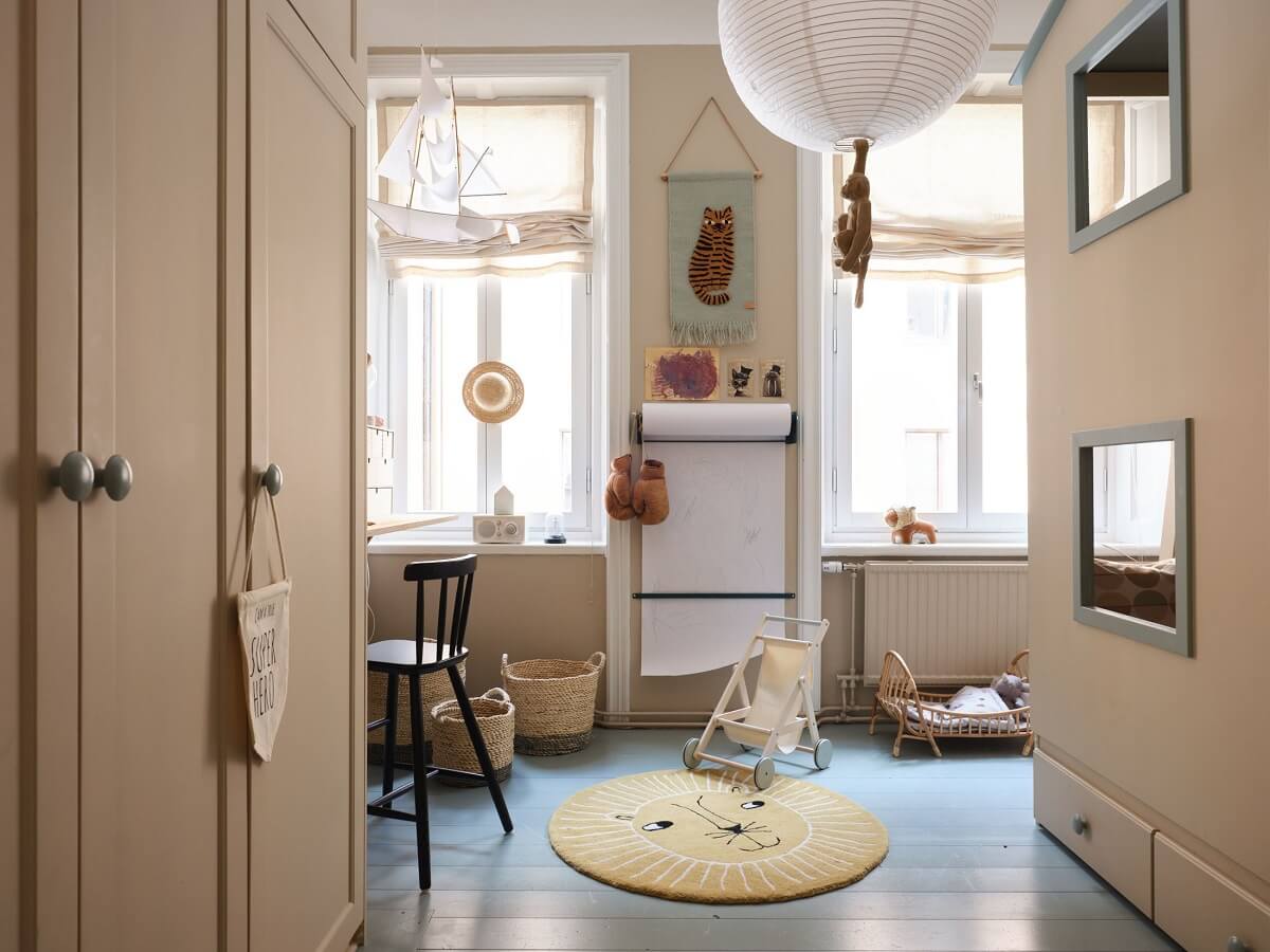 A Light Nordic Home with Ochre Yellow Kitchen 18 kids-bedroom-blue-wooden-floor-bunk-beds-nordroom
