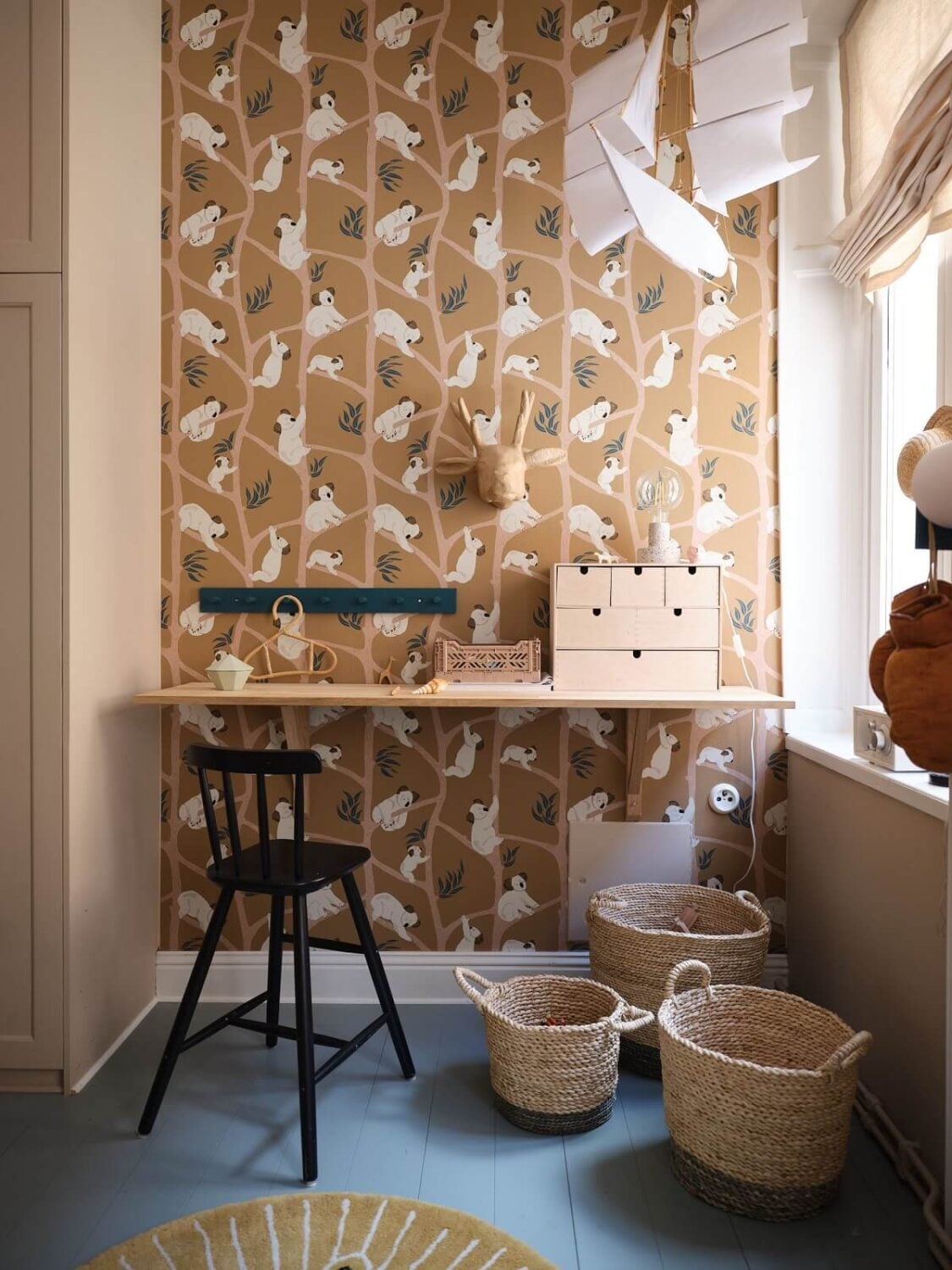A Light Nordic Home with Ochre Yellow Kitchen 20 kids-bedroom-built-in-desk-koala-wallpaper-nordroom