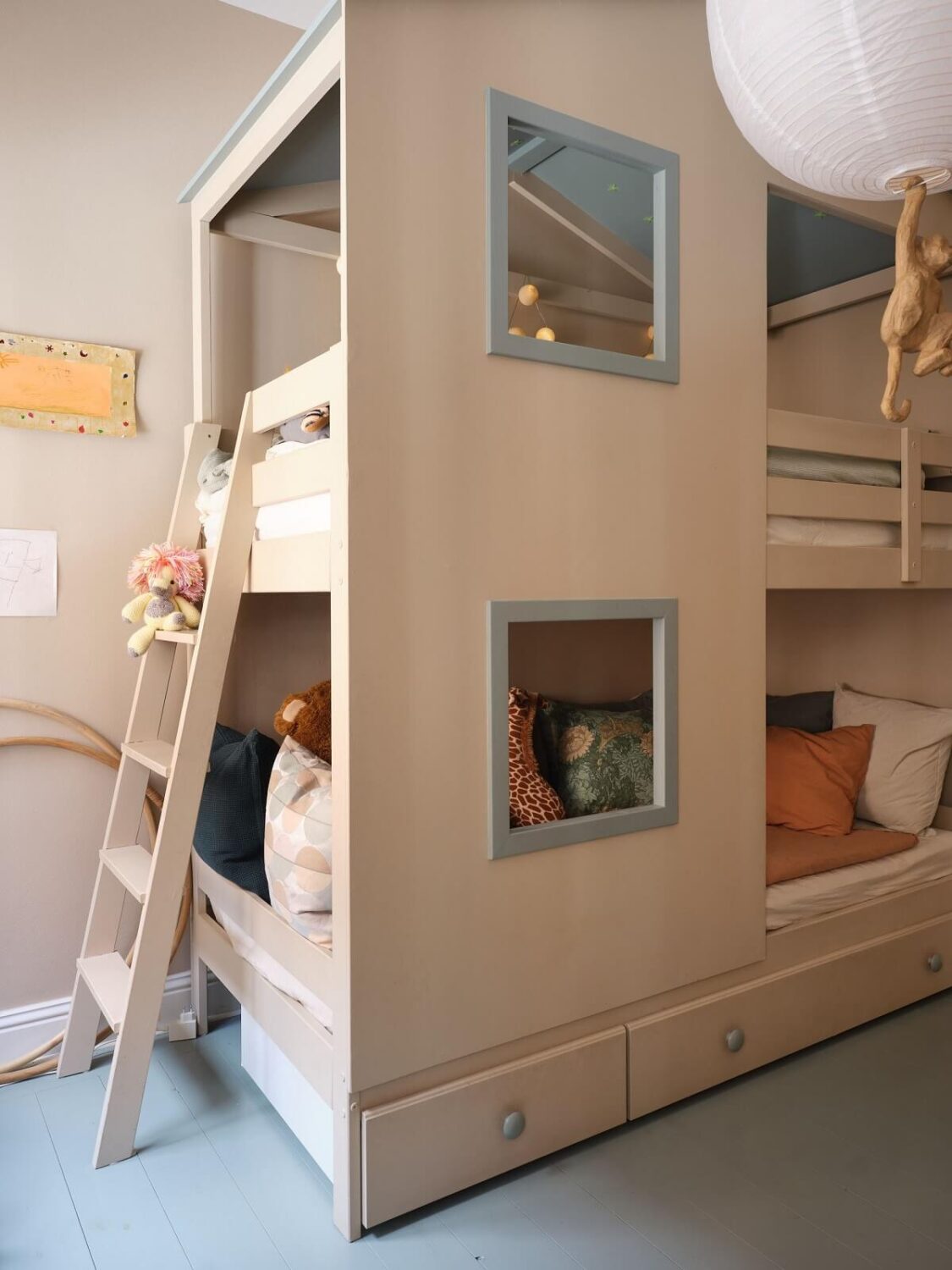 A Light Nordic Home with Ochre Yellow Kitchen 19 kids-bedroom-custom-made-bunk-beds-blue-painted-floor-nordroom