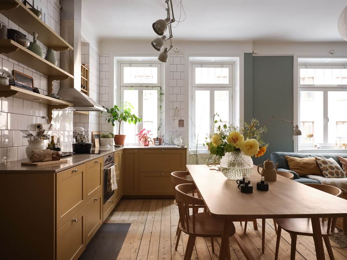 A Light Nordic Home with Ochre Yellow Kitchen 1 kitchen-ochre-cabinets-open-shelves-nordroom