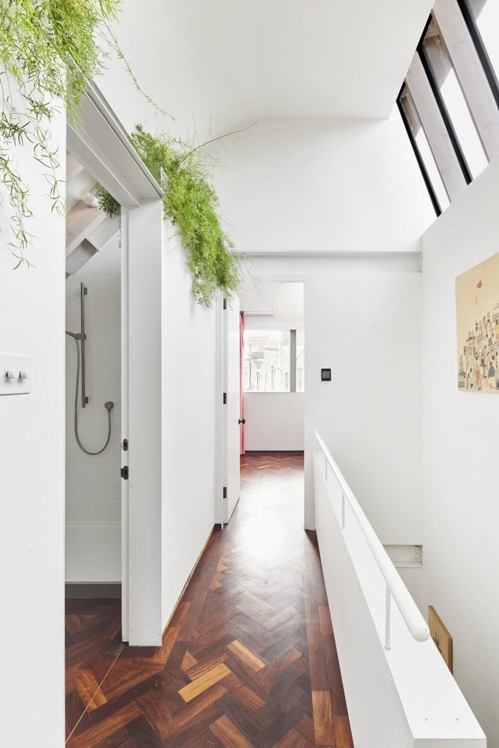 The Makers House: A Modern Achitectural Home in London 21 landing-reclaimed-mahogany-parquet-wooden-floor