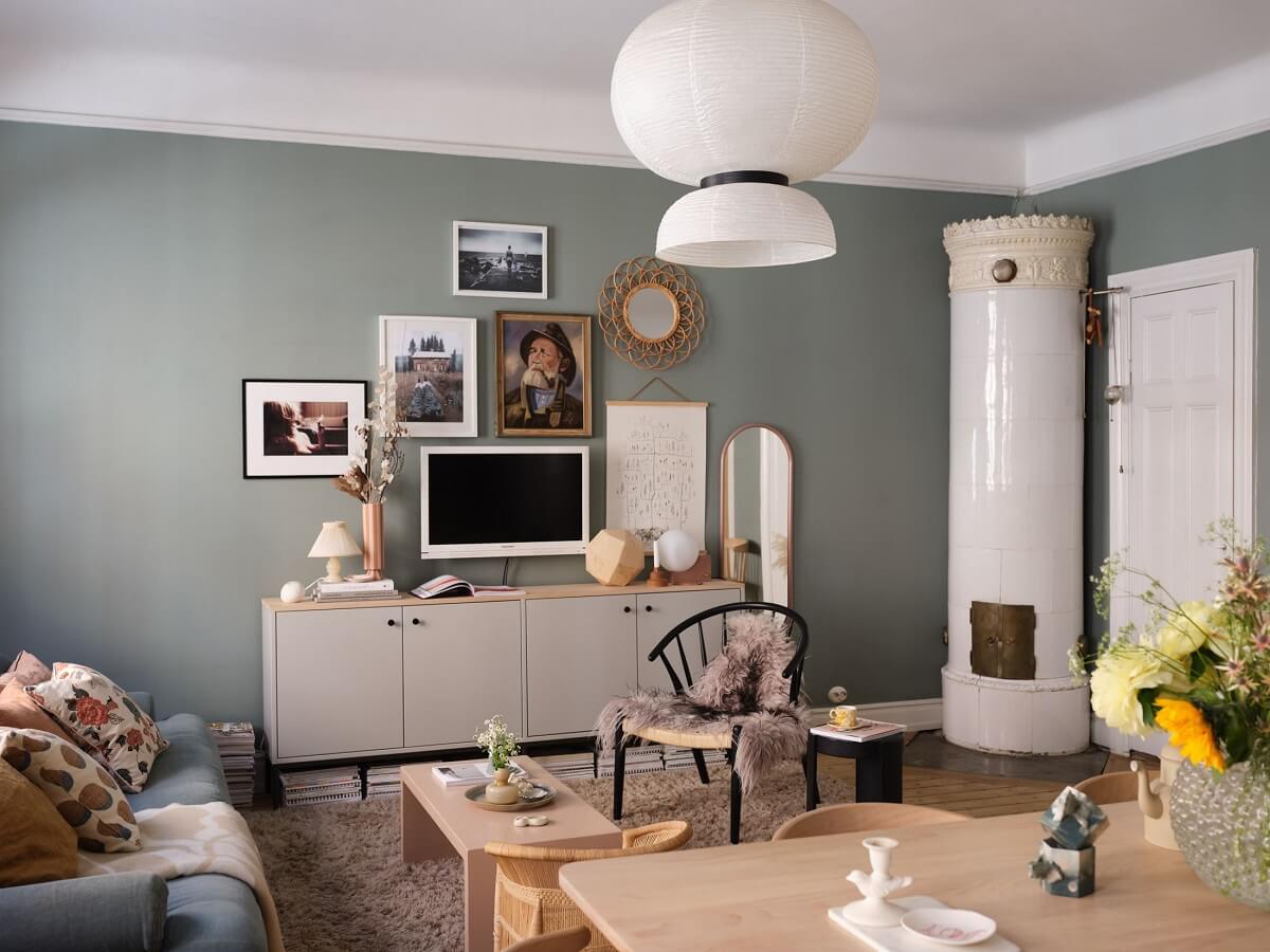 A Light Nordic Home with Ochre Yellow Kitchen 6 living-room-gray-green-walls-fireplace-nordroom