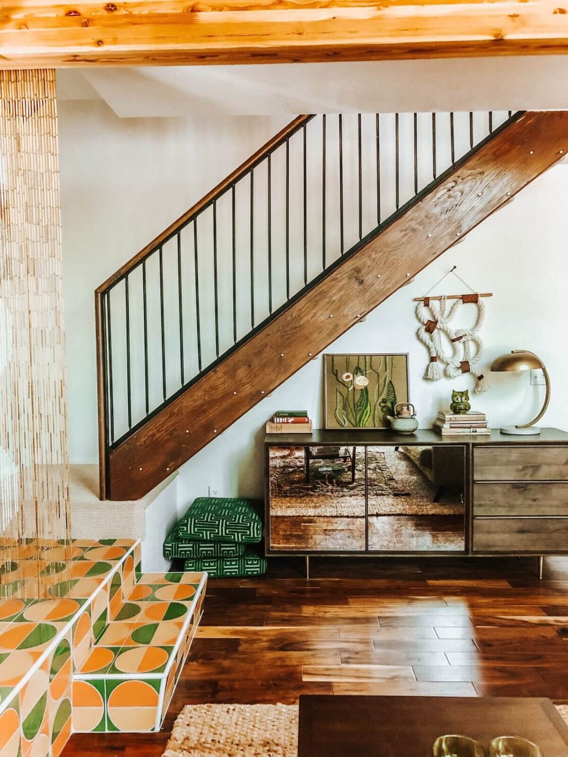 The Kitchy Cabin: A Lovely Airbnb Home in California 11 living-room-stairs-colorful-tiles-midcentury-cabin-nordroom