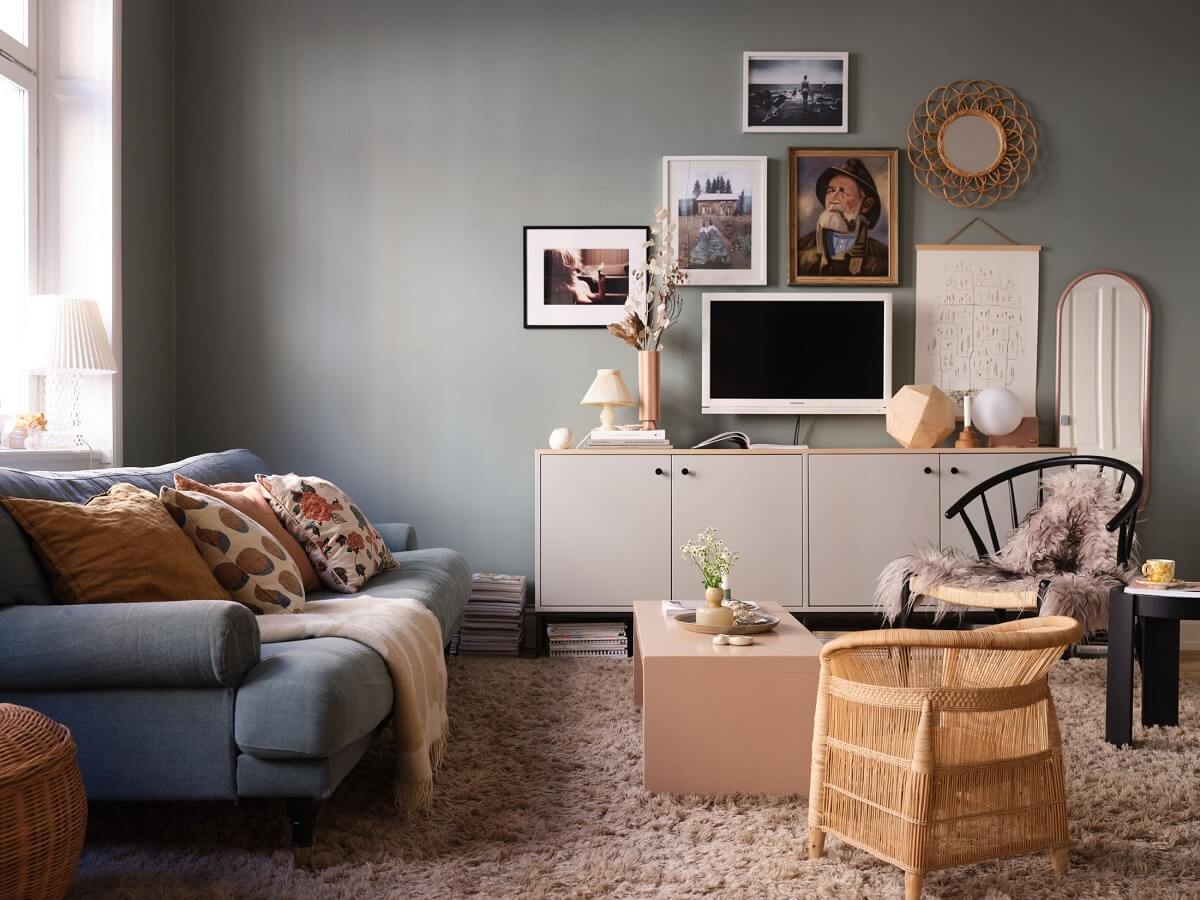 A Light Nordic Home with Ochre Yellow Kitchen 5 nordic-living-room-gray-green-walls-blue-sofa-nordroom