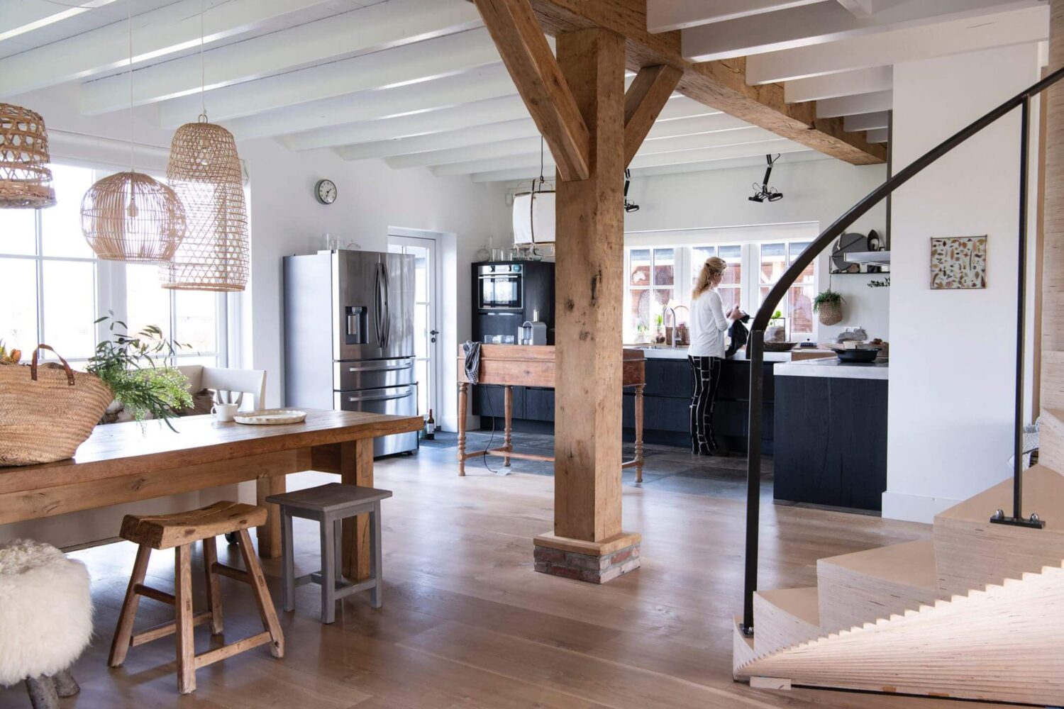 A Dutch Country Home with a Tiny House in the Garden 2 open-plan-kitchen-dining-exposed-beams-nordroom