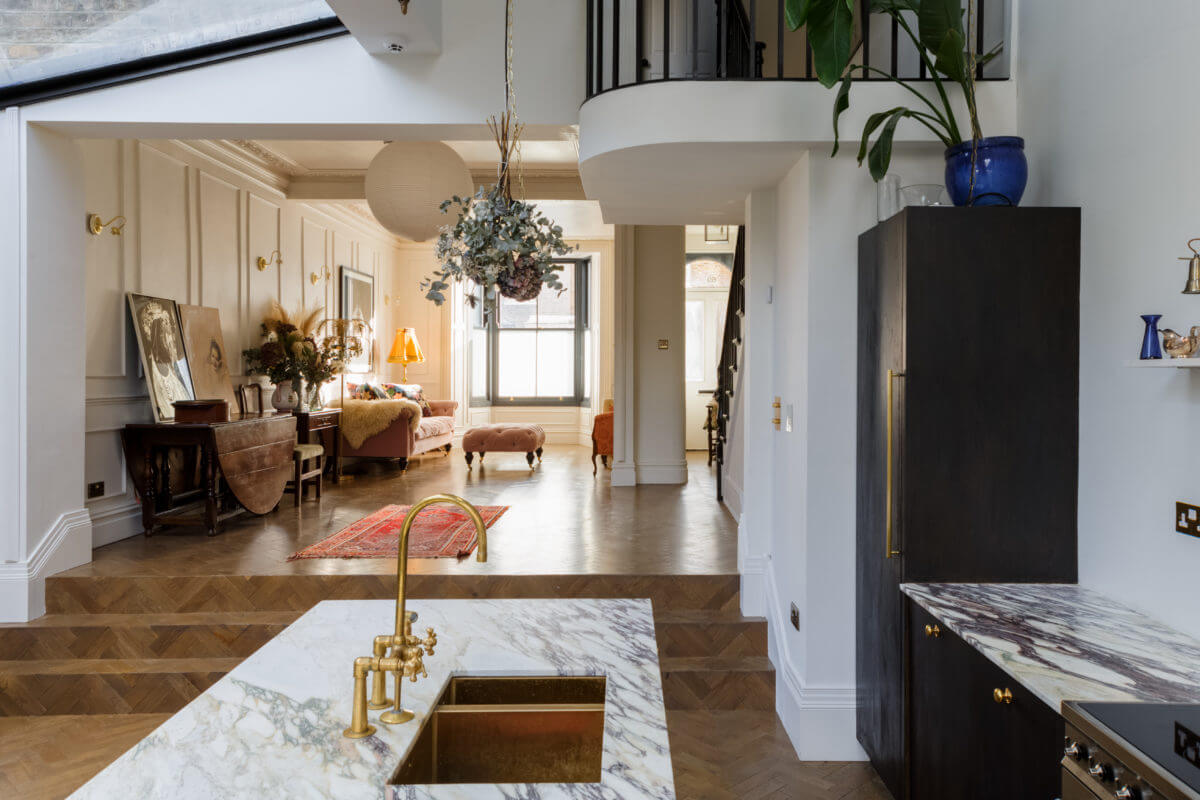 A Georgian Home with Floral Vintage-Style Bathroom 4 open-plan-kitchen-marble-island-nordroom