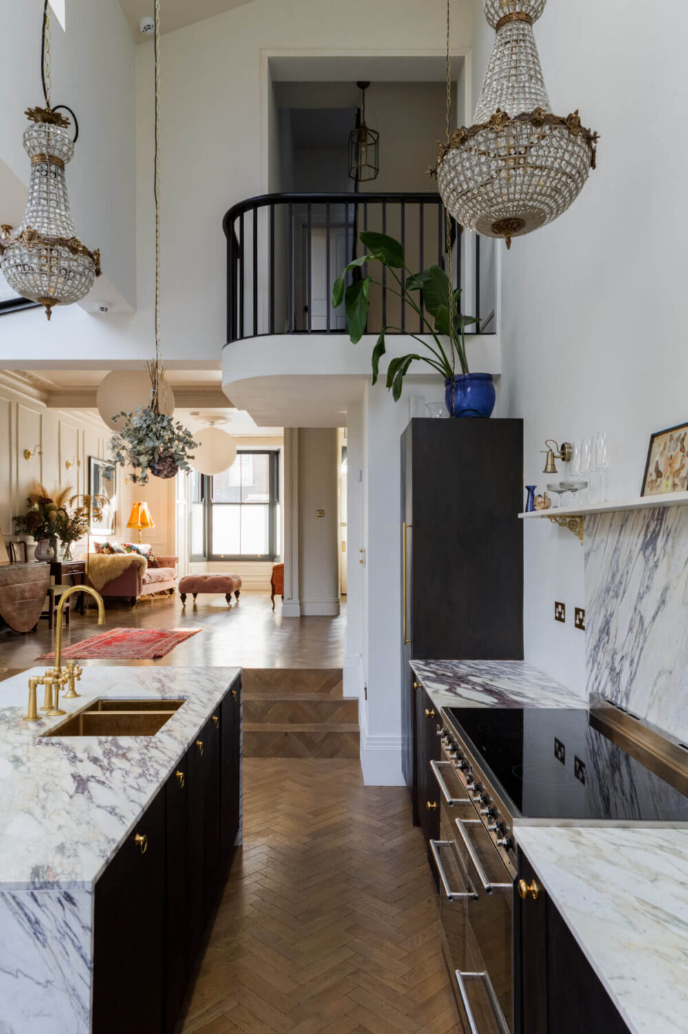 A Georgian Home with Floral Vintage-Style Bathroom 6 open-plan-kitchen-marble-worktop-double-height-ceiling-nordroom