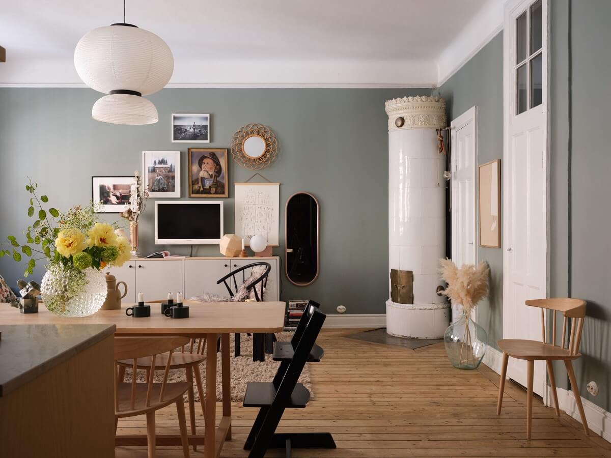A Light Nordic Home with Ochre Yellow Kitchen 4 open-plan-living-room-kitchen-gray-green-walls-nordroom