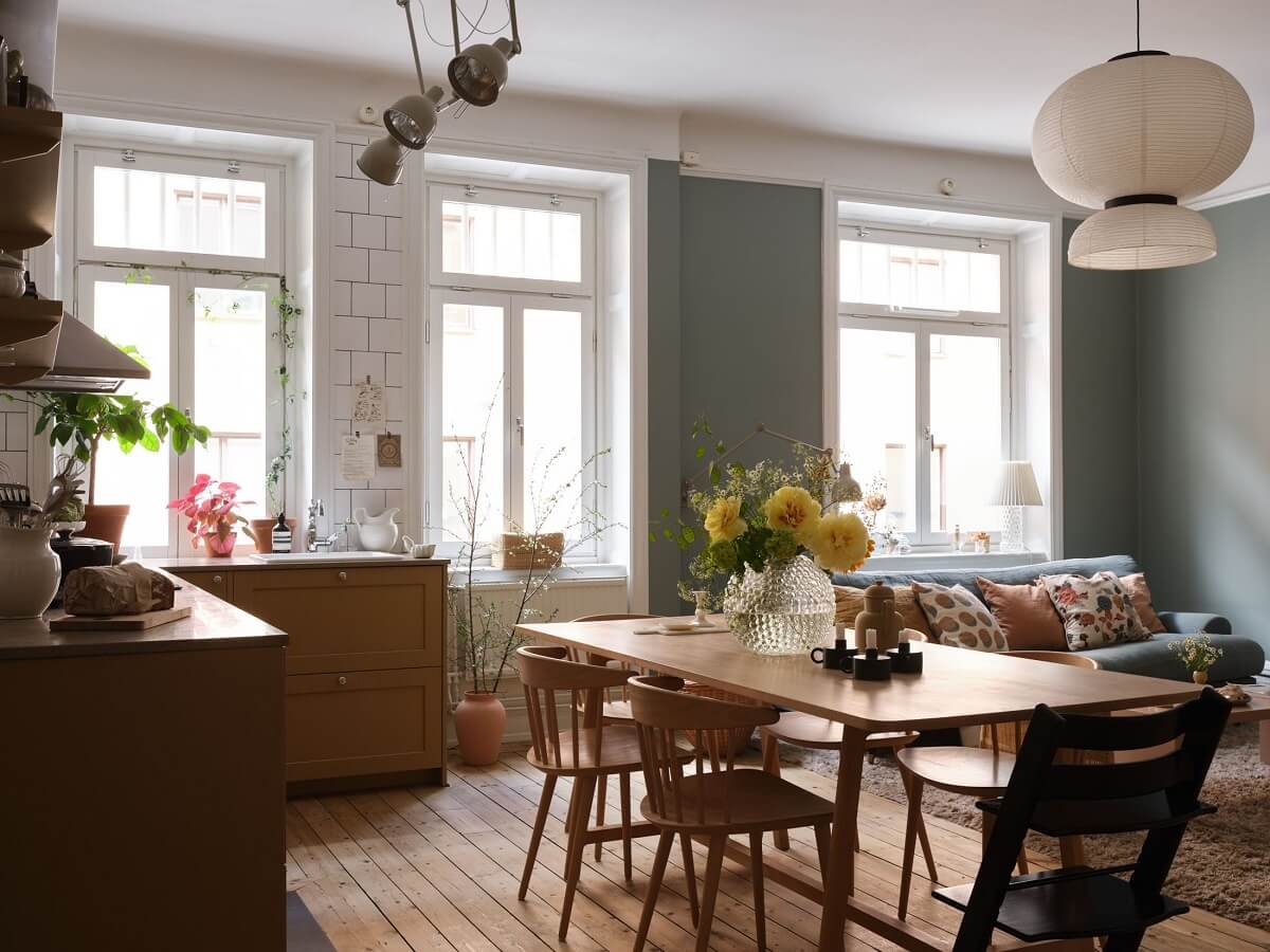 A Light Nordic Home with Ochre Yellow Kitchen 2 open-plan-living-room-ochre-kitchen-dining-table-nordroom