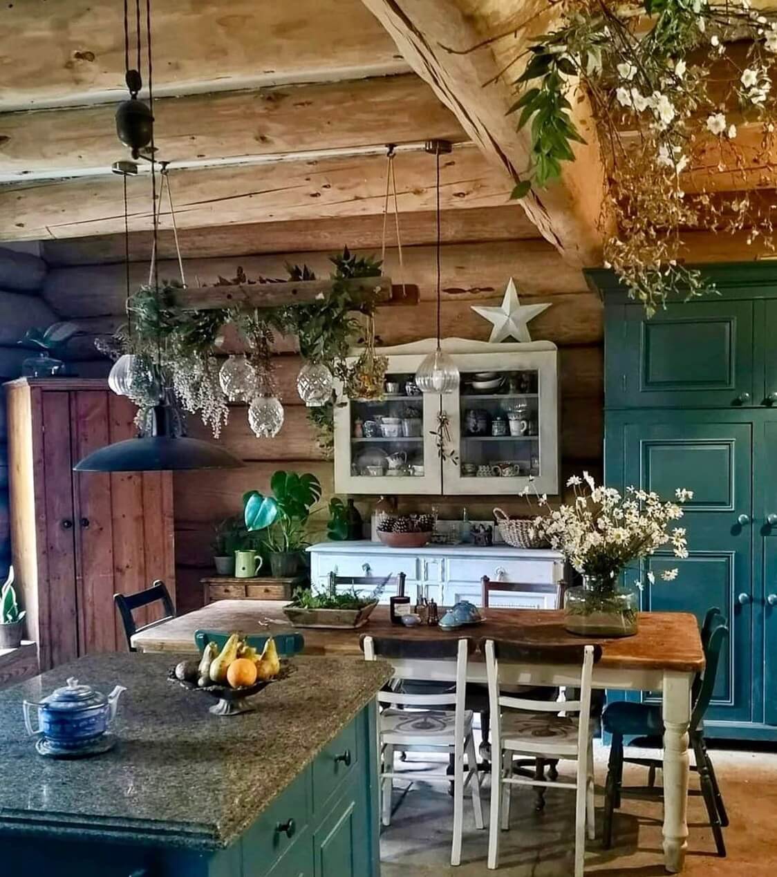 Imrich Lodge: A Cozy Self-Built Log House in the Scottish Highlands 8 rustic-kitchen-log-house-blue-cabinets-dining-space-nordroom