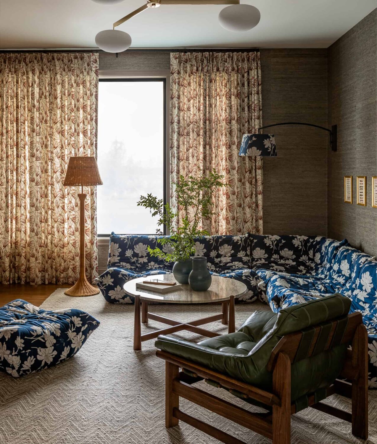 A Warm Family Home on Fox Island 14 Heidi-Caillier-Design-luxury-interior-designer-printed-togo-sofa-wicker-lamp