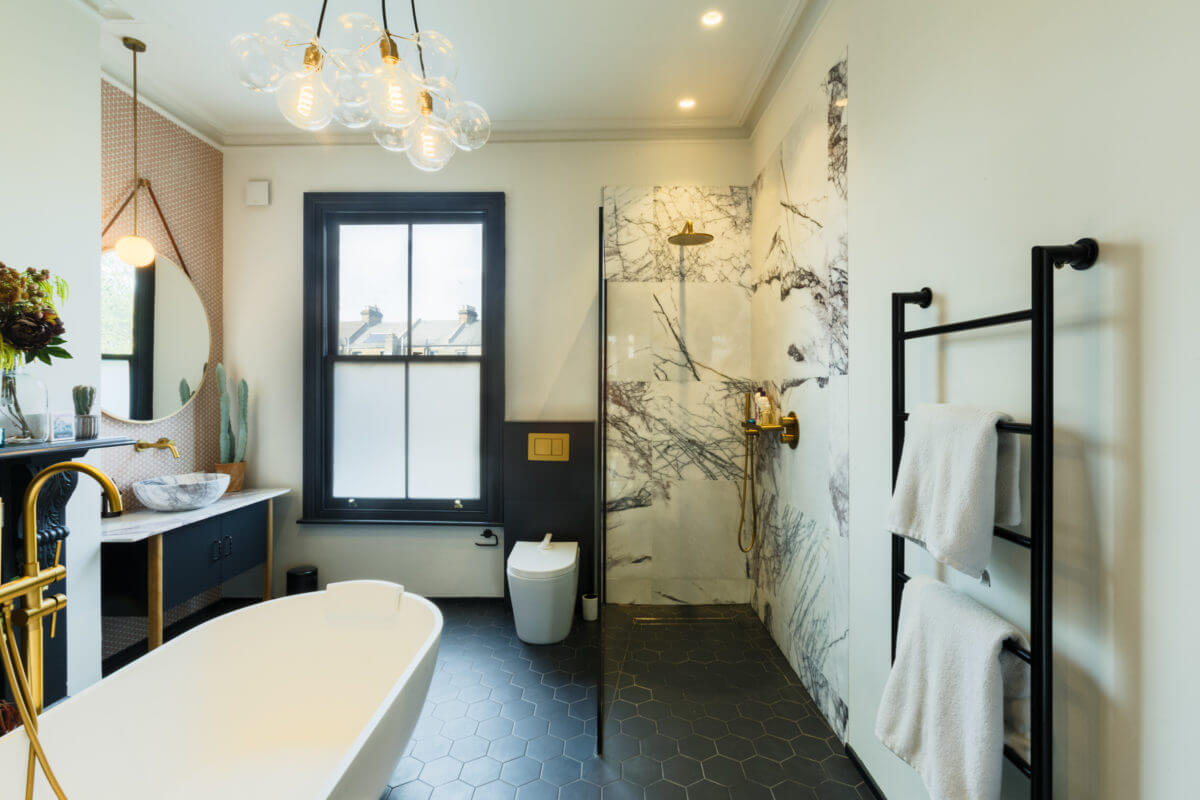 A Combination of Styles and Color in a London Townhouse 22 bathroom-black-hexagon-floor-tiles-marble-shower-nordroom