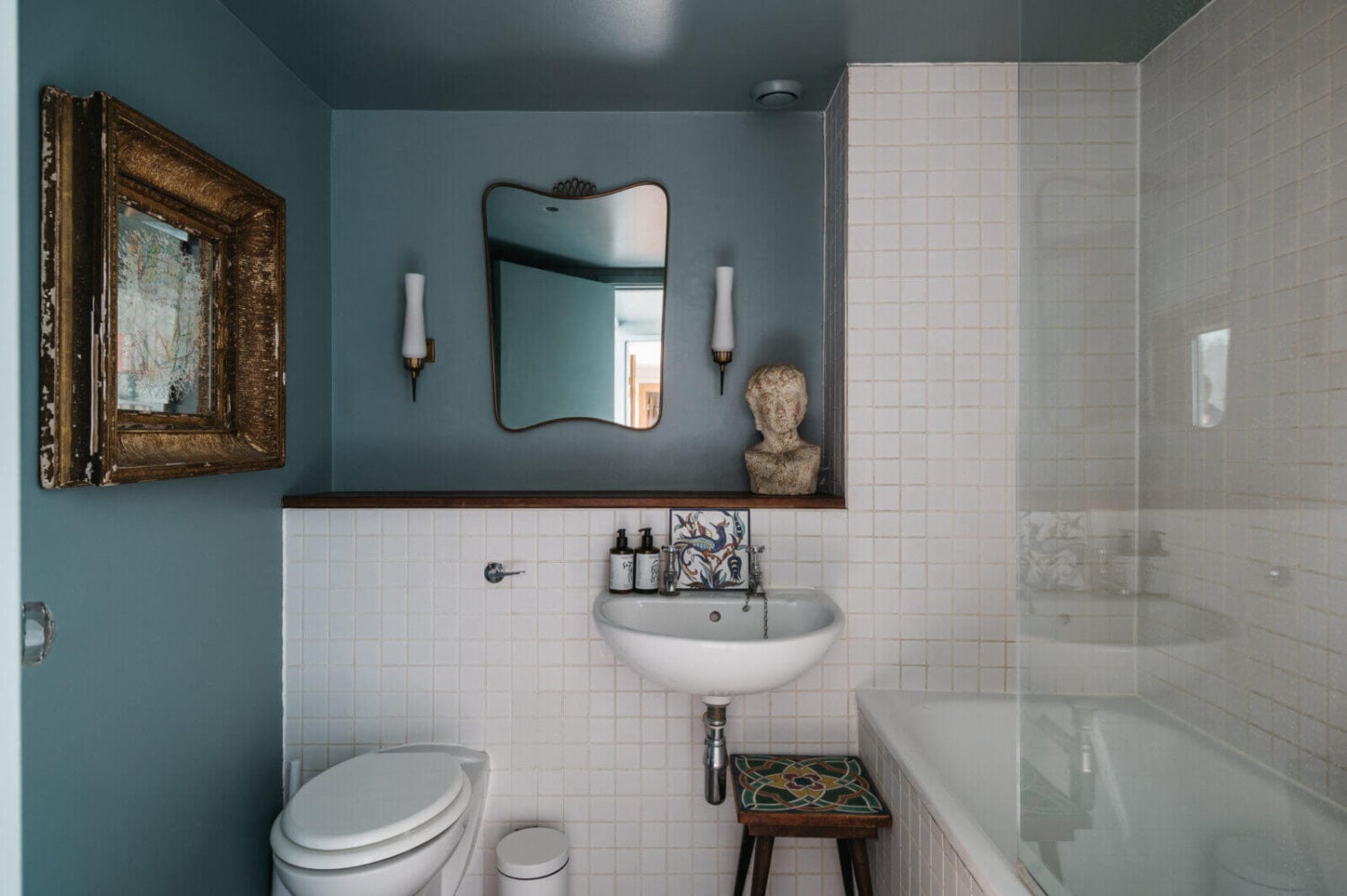 A Loft-Style Apartment with Brick Walls in London 18 bathroom-white-tiles-blue-walls-ceiling-nordroom